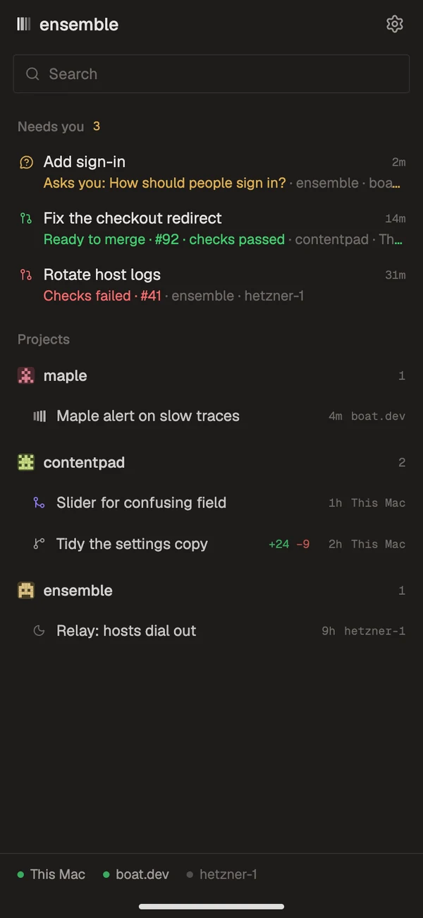 The inbox: three threads that need you, then the rest under their projects, and the machines along the bottom